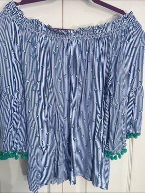 Blue Striped Off-Shoulder Top with Green Trim